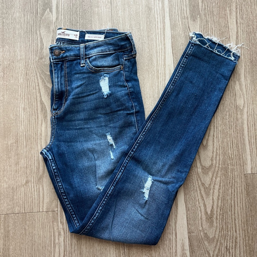 Hollister High Rise Super Skinny Jeans 7 Long Inseam Ripped Dark Wash